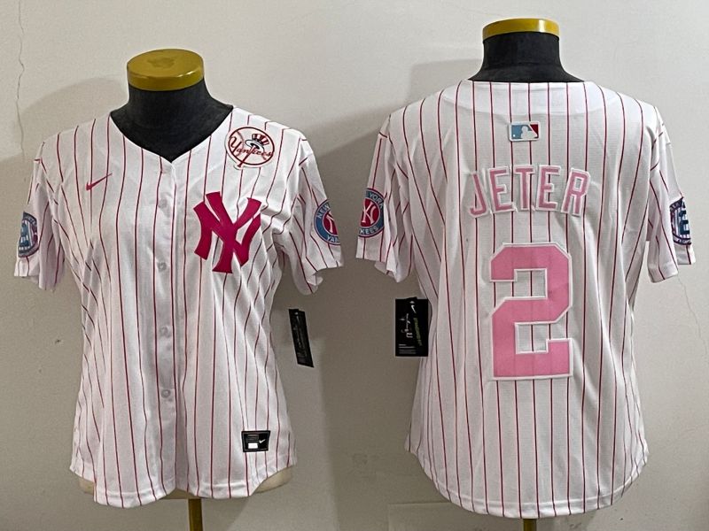 Women 2025 New York Yankees #2 Jeter White pink Joint Name Nike MLB Jersey style 1